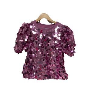 QUEEN‎ OF SPARKLES Purple PUFF SLEEVE BIG SEQUIN TOP SHIRT XS